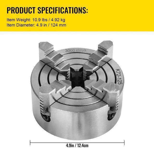 Alt view image 7 of 7 - K72-125 Lathe Chuck, 5 Inch, 4-Jaw, Independent Metal Lathe Chuck with Reversible Jaw, Cast Iron Body, 0.276 -2.244 in Internal 1.89 -4.92 in External Jaw Clamping Range, for Lathes Machine