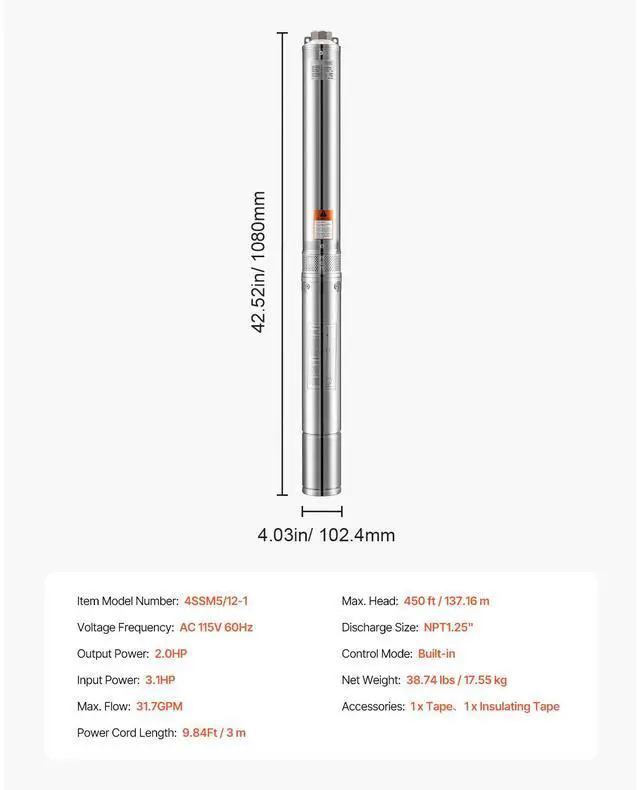 Alt view image 9 of 9 - VEVOR 2HP Deep Well Submersible Pump Stainless Steel Water Pump 31.7 GPM 450 ft