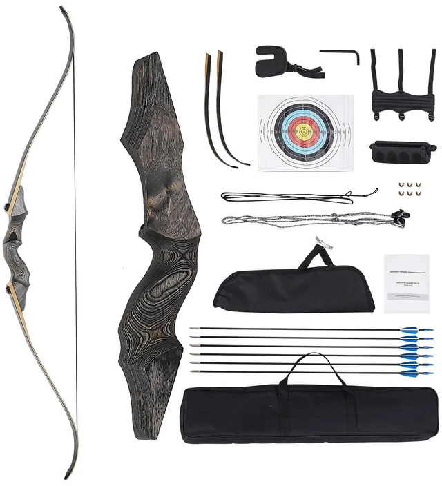 Alt view image 2 of 8 - 60in Takedown Recurve Bow Wooden Bow Arrow Kit Right Hand Hunting Practice 45lbs