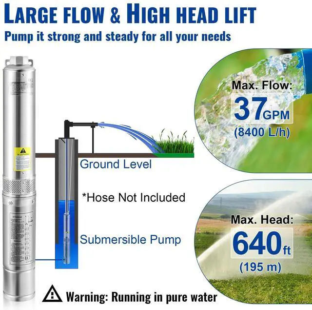 Alt view image 11 of 15 - VEVOR Deep Well Submersible Pump, 3HP/2200W 230V/60Hz, 37GPM Flow 640 ft Head, with 33 ft Electric Cord, 4 inch Stainless Steel Water Pumps for Industrial, Irrigation & Home Use, IP68 Waterproof Grade