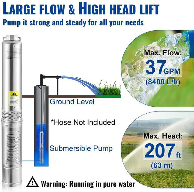 Alt view image 11 of 15 - VEVOR Deep Well Submersible Pump, 1HP 230V/60Hz, 37gpm Flow 207ft Head, with 33ft Electric Cord, 4" Stainless Steel Water Pump for Industrial, Irrigation&Home Use, IP68 Waterproof Grade