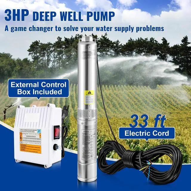 Alt view image 10 of 15 - VEVOR Deep Well Submersible Pump, 3HP 230V/60Hz, 37GPM 640 ft Head, with 33 ft Cord & External Control Box, 4 inch Stainless Steel Water Pumps for Industrial, Irrigation and Home Use, IP68 Waterproof