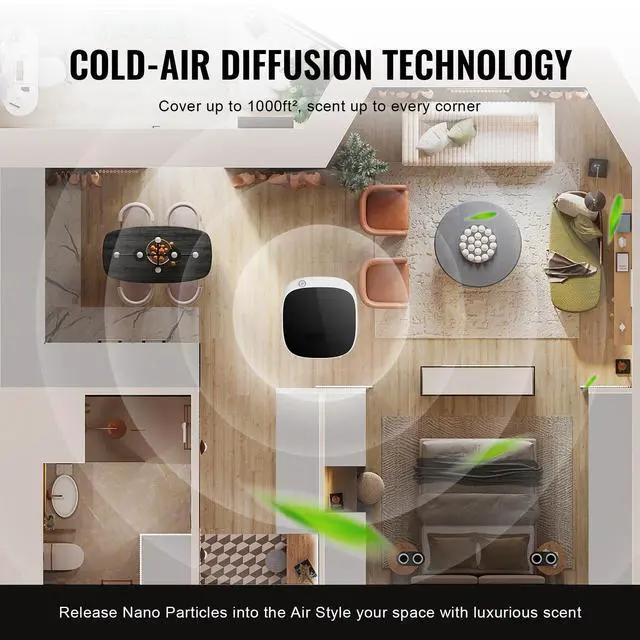 Alt view image 10 of 14 - VEVOR Scent Air Machine for Home, 100ML with Cold Air Technology, Waterless Smart Essential Oil Diffuser with USB & Battery Powered, Cover Up to 1000 Sq.Ft for Living Room, Bath Room, Spa