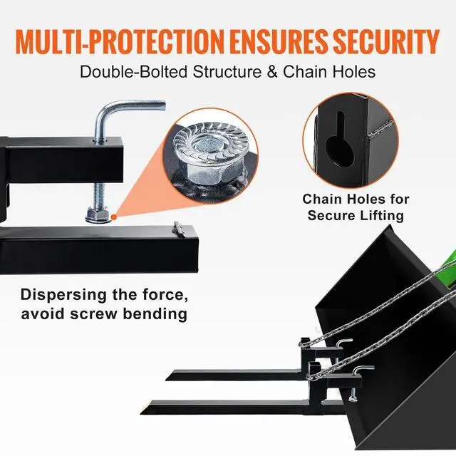 Alt view image 12 of 14 - VEVOR Pallet Forks, 2000 lbs Capacity Clamp on Pallet Forks, 43" Tractor Bucket Forks, Heavy Duty Front Loader Attachment for Tractor, Skid Steer, Loader Bucket, Tractor Forks for Agriculture and Farm