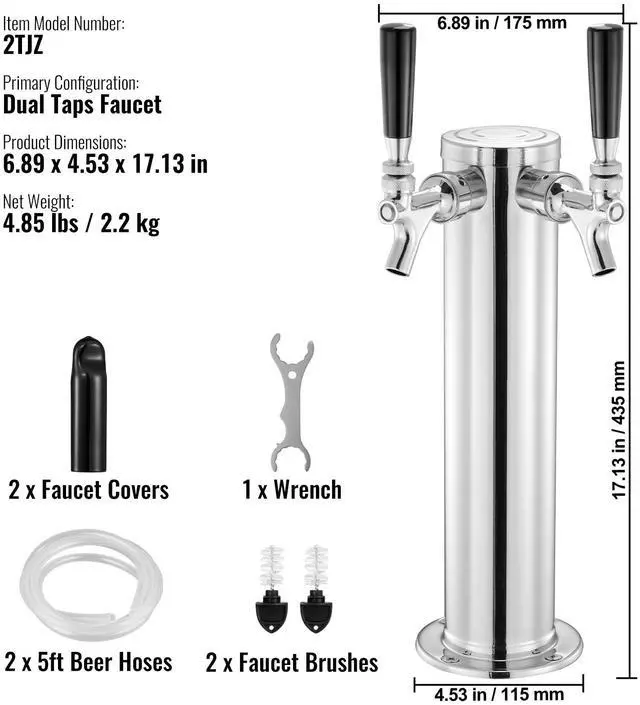 Alt view image 14 of 14 - VEVOR Dual Taps Draft Beer Tower Dispenser, Stainless Steel Keg Beer Tower, Kegerator Tower Kit with Pre-Assembled Tubing and Self-Closing Faucet Shanks for Party, Bar, Pub, Restaurant