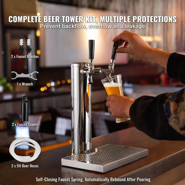 Alt view image 9 of 14 - VEVOR Dual Taps Draft Beer Tower Dispenser, Stainless Steel Keg Beer Tower, Kegerator Tower Kit with Pre-Assembled Tubing and Self-Closing Faucet Shanks for Party, Bar, Pub, Restaurant