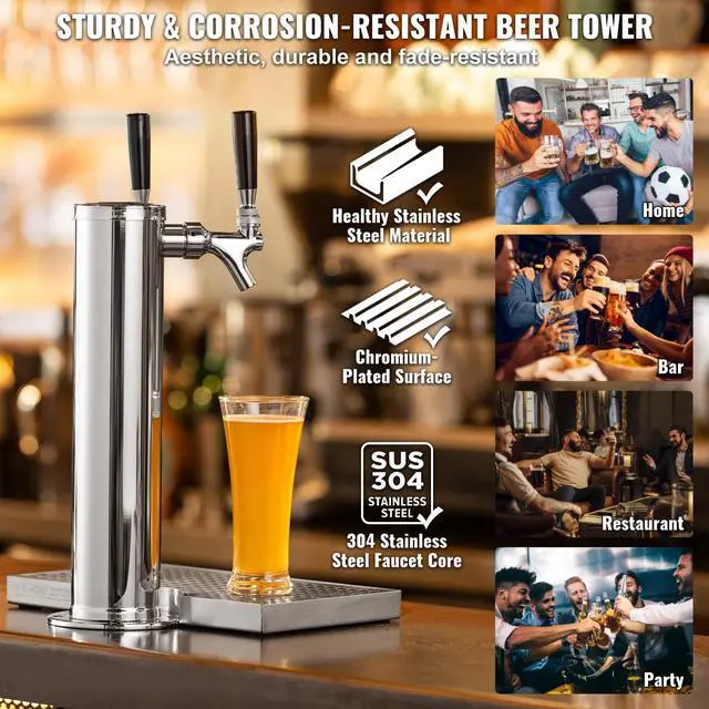 Alt view image 12 of 14 - VEVOR Dual Taps Draft Beer Tower Dispenser, Stainless Steel Keg Beer Tower, Kegerator Tower Kit with Pre-Assembled Tubing and Self-Closing Faucet Shanks for Party, Bar, Pub, Restaurant
