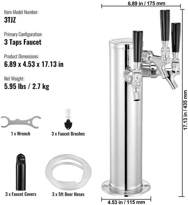 Alt view image 14 of 14 - VEVOR Triple Taps Draft Beer Tower Dispenser, Stainless Steel Keg Beer Tower, Kegerator Tower Kit with Pre-Assembled Tubing and Self-Closing Faucet Shanks for Party, Bar, Pub, Restaurant