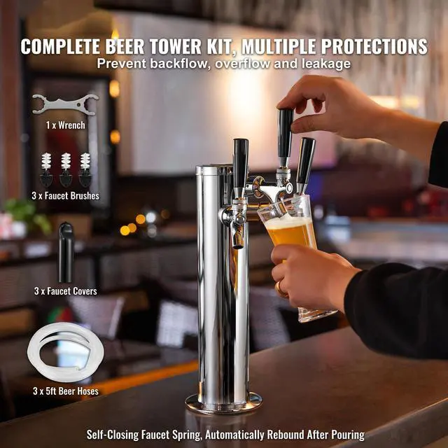Alt view image 9 of 14 - VEVOR Triple Taps Draft Beer Tower Dispenser, Stainless Steel Keg Beer Tower, Kegerator Tower Kit with Pre-Assembled Tubing and Self-Closing Faucet Shanks for Party, Bar, Pub, Restaurant