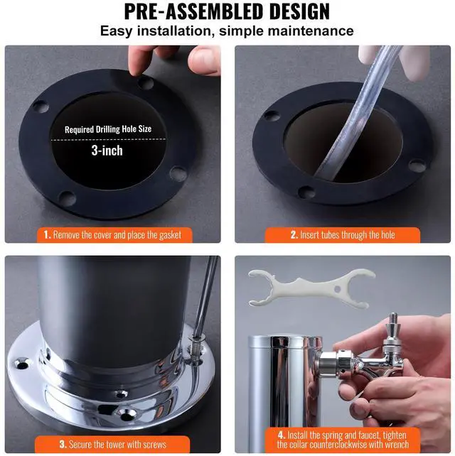 Alt view image 13 of 14 - VEVOR Triple Taps Draft Beer Tower Dispenser, Stainless Steel Keg Beer Tower, Kegerator Tower Kit with Pre-Assembled Tubing and Self-Closing Faucet Shanks for Party, Bar, Pub, Restaurant