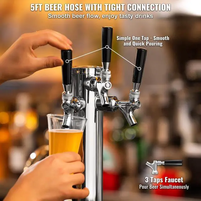 Alt view image 11 of 14 - VEVOR Triple Taps Draft Beer Tower Dispenser, Stainless Steel Keg Beer Tower, Kegerator Tower Kit with Pre-Assembled Tubing and Self-Closing Faucet Shanks for Party, Bar, Pub, Restaurant