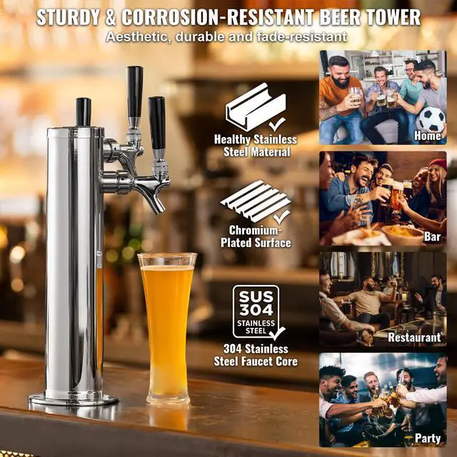 Alt view image 12 of 14 - VEVOR Triple Taps Draft Beer Tower Dispenser, Stainless Steel Keg Beer Tower, Kegerator Tower Kit with Pre-Assembled Tubing and Self-Closing Faucet Shanks for Party, Bar, Pub, Restaurant