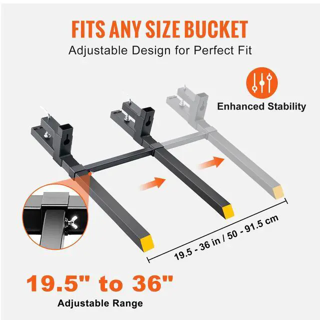 Alt view image 11 of 14 - VEVOR Pallet Forks, 2000 lbs Clamp on Pallet Forks, 43" Total Length Tractor Bucket Forks with Adjustable Stabilizer bar, Heavy Duty Pallet Forks for Tractor Attachments, Skid Steer, Loader Bucket