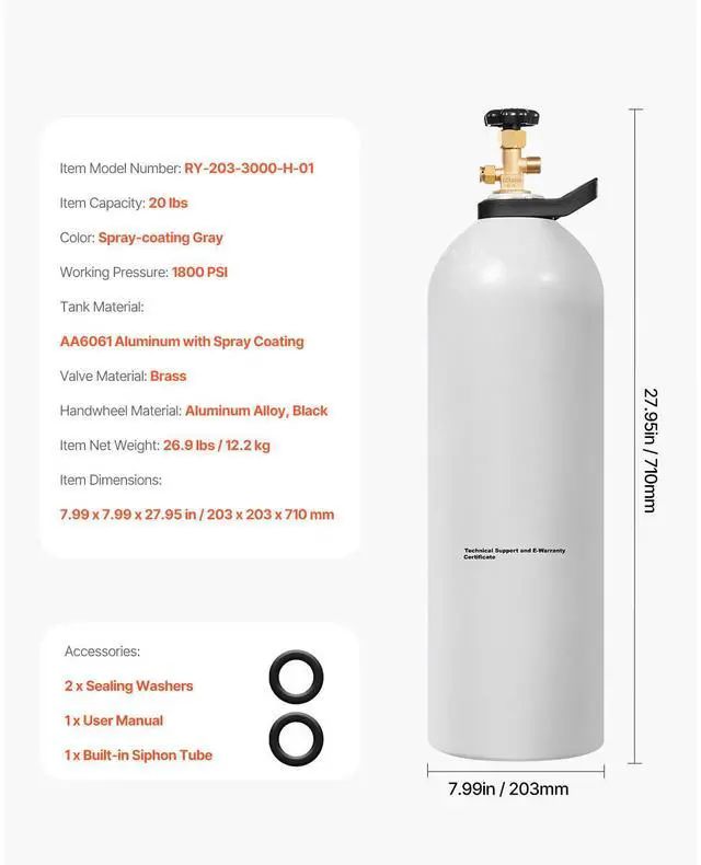 Alt view image 8 of 8 - CO2 Tank 20 lbs New Aluminum Alloy Gas Cylinder with Siphon Tube DOT Approved