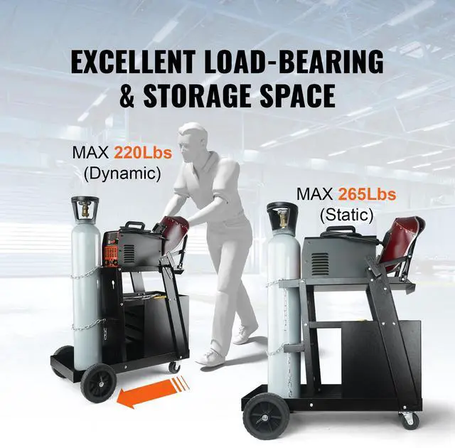 Alt view image 10 of 14 - VEVOR Welding Cart, 2-Tier 4 Drawers Welder Cart with 265 LBS Weight Capacity, 360° Swivel Wheels, Tank Storage Safety Chains, Heavy Duty Rolling MIG Welder Cart for Mig Welder and Plasma Cutter