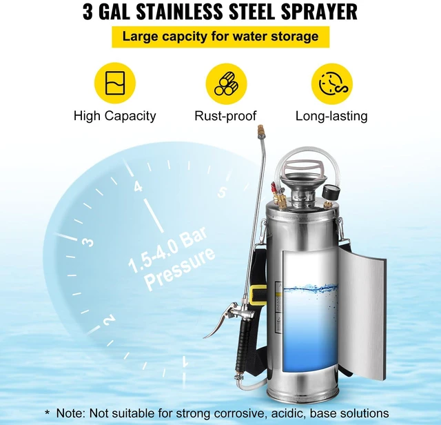 Alt view image 3 of 8 - 3 Gallon Stainless Steel Sprayer, 20" Wand & 3FT Reinforced Hose, Hand Pump Sprayer with Pressure Gauge, Safety Valve & Adjustable Nozzle, Garden Weed Sprayer for Lawn, Gardening & Sanitizing