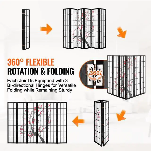 Alt view image 4 of 8 - VEVOR Room Divider, 6 Panel Japanese Room Divider Screen, Wood Folding Privacy Screen Indoor, Japanese Partition Portable Decoration Dividers, for Room Separation Home Office Restaurant & Bedroom