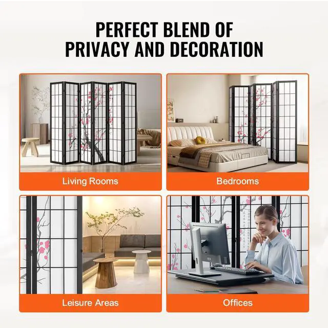 Alt view image 7 of 8 - VEVOR Room Divider, 6 Panel Japanese Room Divider Screen, Wood Folding Privacy Screen Indoor, Japanese Partition Portable Decoration Dividers, for Room Separation Home Office Restaurant & Bedroom