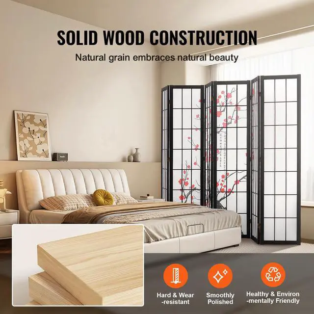 Alt view image 5 of 8 - VEVOR Room Divider, 6 Panel Japanese Room Divider Screen, Wood Folding Privacy Screen Indoor, Japanese Partition Portable Decoration Dividers, for Room Separation Home Office Restaurant & Bedroom