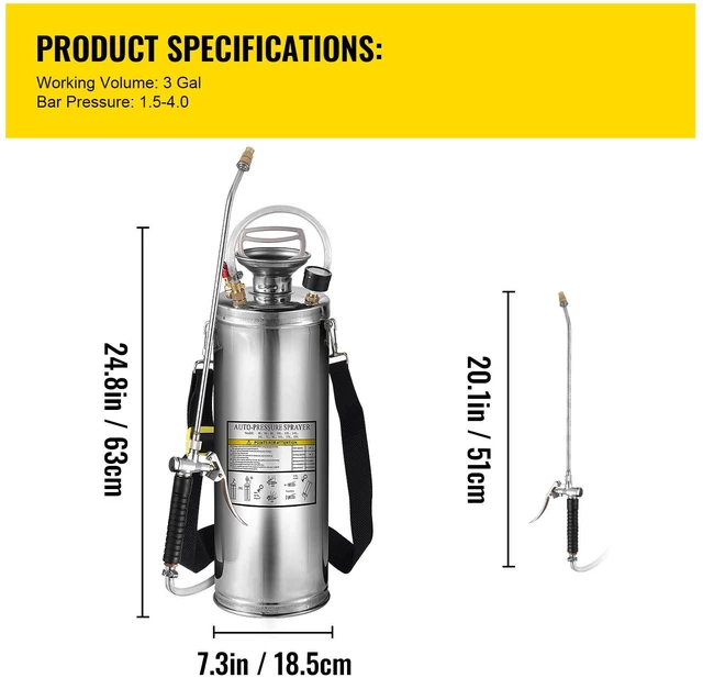 Alt view image 7 of 8 - 3 Gallon Stainless Steel Sprayer, 20" Wand & 3FT Reinforced Hose, Hand Pump Sprayer with Pressure Gauge, Safety Valve & Adjustable Nozzle, Garden Weed Sprayer for Lawn, Gardening & Sanitizing