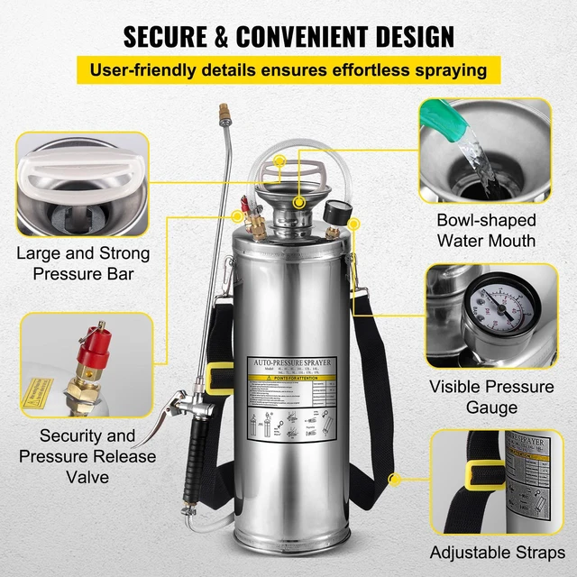 Alt view image 5 of 8 - 3 Gallon Stainless Steel Sprayer, 20" Wand & 3FT Reinforced Hose, Hand Pump Sprayer with Pressure Gauge, Safety Valve & Adjustable Nozzle, Garden Weed Sprayer for Lawn, Gardening & Sanitizing