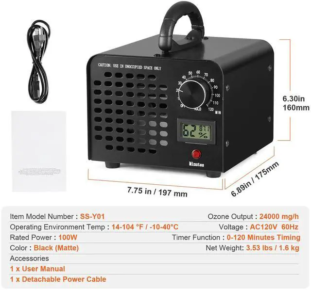 Alt view image 9 of 9 - VEVOR Ozone Generator, 24000mg/h Ozone Machine Odor Remover, High Capacity Commercial/Industrial Ozone Generator Machine, Home Air Ionizers Deodorizer with 0-120 min Time Setting for Rooms, Cars, Pets