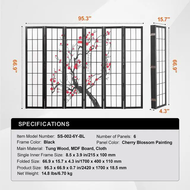 Alt view image 8 of 8 - VEVOR Room Divider, 6 Panel Japanese Room Divider Screen, Wood Folding Privacy Screen Indoor, Japanese Partition Portable Decoration Dividers, for Room Separation Home Office Restaurant & Bedroom