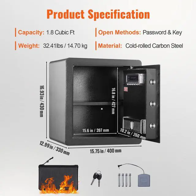 Alt view image 9 of 9 - VEVOR Safe 1.8 Cubic Feet Home Safe Steel for Cash Gold 15.75x13x16.9 inch