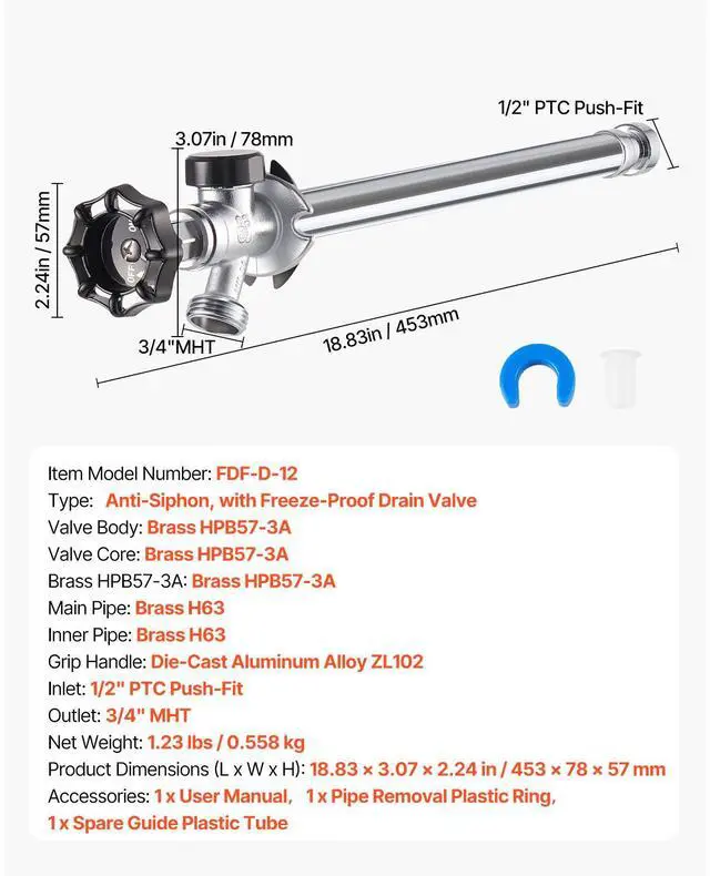 Alt view image 8 of 8 - 12 in Frost-Free Sillcock 1/2" PTC x 3/4" MHT Hose Bibb Anti-Siphon Valve