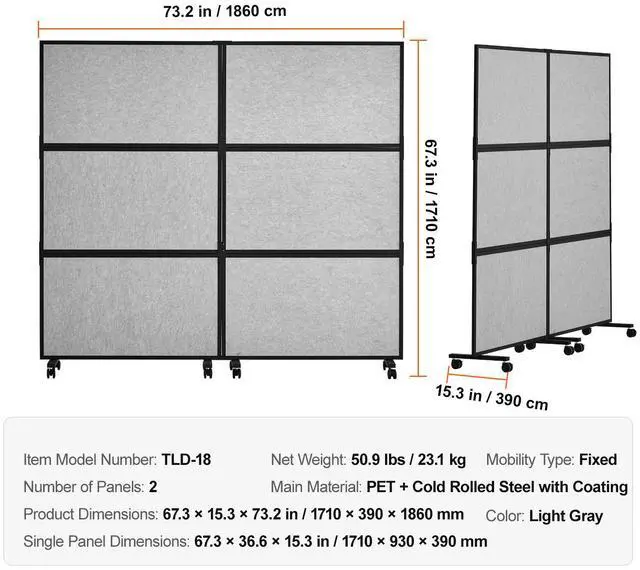 Alt view image 9 of 9 - VEVOR  Acoustic Room Divider 72" x 66" Office Partition Panel 2 Pack, Office Dividers Partition Wall Polyester & 45 Steel Cubicle Wall Reduce Noise and Visual Distractions, Light Gray