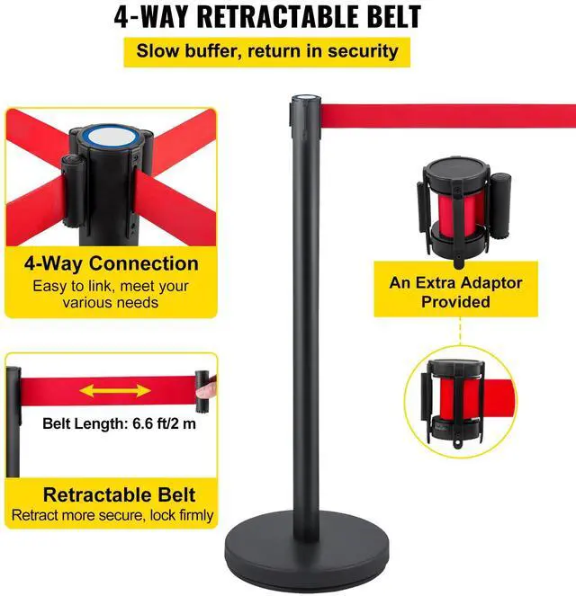 Alt view image 4 of 7 - Crowd Control Stanchion, Set of 6 Pieces Stanchion Set, Stanchion Set with 6.6 ft/2 m Red Retractable Belt, Crowd Control Barrier with Rubber Base  Easy Connect Assembly for Crowd Control (Blac