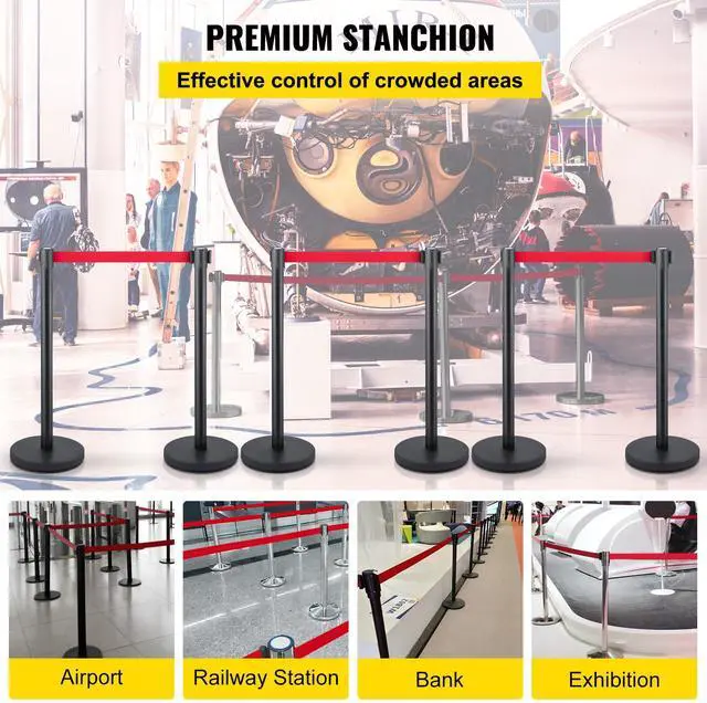 Alt view image 2 of 7 - Crowd Control Stanchion, Set of 6 Pieces Stanchion Set, Stanchion Set with 6.6 ft/2 m Red Retractable Belt, Crowd Control Barrier with Rubber Base  Easy Connect Assembly for Crowd Control (Blac