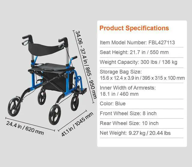 Alt view image 14 of 14 - VEVOR 2 in 1 Rollator Walker & Transport Chair for Seniors, Folding Rolling Walker Wheelchair Combo & Footrests, Lightweight Aluminum Mobility Walker with Adjustable Handle, All Terrain Wheels, 300LBS