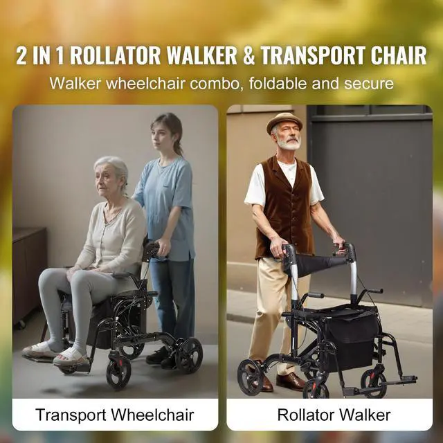 Alt view image 9 of 14 - VEVOR 2 in 1 Rollator Walker & Transport Chair for Seniors, Folding Rolling Walker Wheelchair Combo & Footrests, Lightweight Aluminum Mobility Walker with Adjustable Handle, All Terrain Wheels, 300LBS