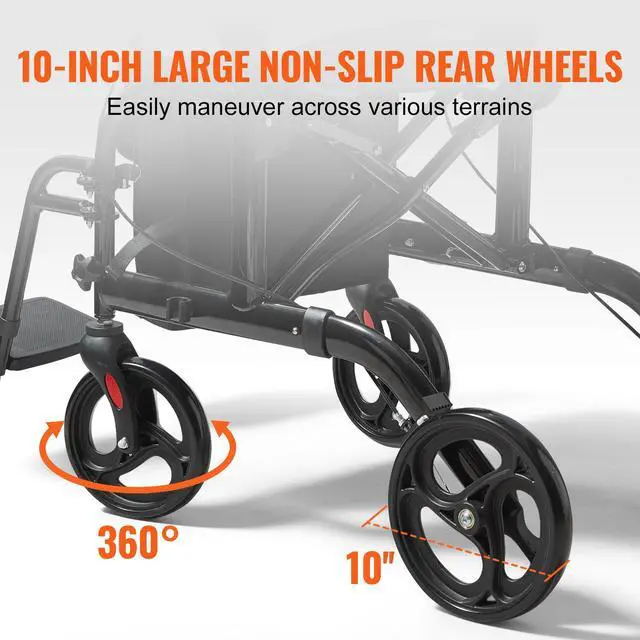 Alt view image 12 of 14 - VEVOR 2 in 1 Rollator Walker & Transport Chair for Seniors, Folding Rolling Walker Wheelchair Combo & Footrests, Lightweight Aluminum Mobility Walker with Adjustable Handle, All Terrain Wheels, 300LBS