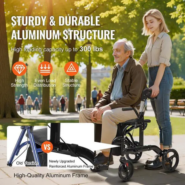 Alt view image 10 of 14 - VEVOR 2 in 1 Rollator Walker & Transport Chair for Seniors, Folding Rolling Walker Wheelchair Combo & Footrests, Lightweight Aluminum Mobility Walker with Adjustable Handle, All Terrain Wheels, 300LBS