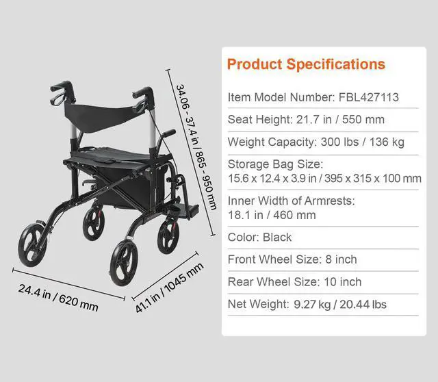 Alt view image 14 of 14 - VEVOR 2 in 1 Rollator Walker & Transport Chair for Seniors, Folding Rolling Walker Wheelchair Combo & Footrests, Lightweight Aluminum Mobility Walker with Adjustable Handle, All Terrain Wheels, 300LBS