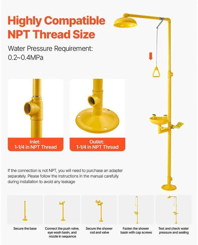 Alt view image 7 of 8 - VEVOR Emergency Shower Eye Wash Station, 34.25 x 15.75 x 91.73 Inch 304 Stainless Steel Eyewash and Shower Combination, OSHA-Approved First Aid Eye Wash Station, for Schools, Labs, Factories, Yellow