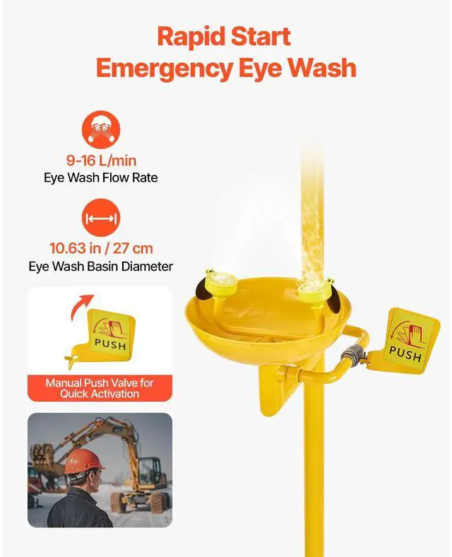 Alt view image 6 of 8 - VEVOR Emergency Shower Eye Wash Station, 34.25 x 15.75 x 91.73 Inch 304 Stainless Steel Eyewash and Shower Combination, OSHA-Approved First Aid Eye Wash Station, for Schools, Labs, Factories, Yellow