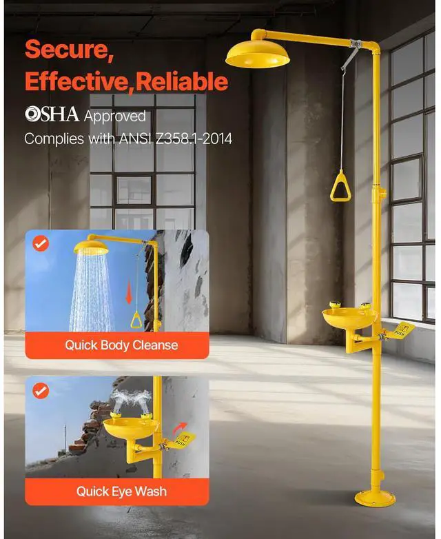 Alt view image 3 of 8 - VEVOR Emergency Shower Eye Wash Station, 34.25 x 15.75 x 91.73 Inch 304 Stainless Steel Eyewash and Shower Combination, OSHA-Approved First Aid Eye Wash Station, for Schools, Labs, Factories, Yellow