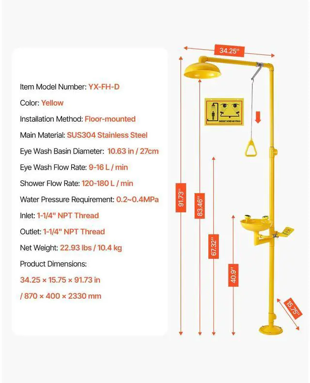 Alt view image 8 of 8 - VEVOR Emergency Shower Eye Wash Station, 34.25 x 15.75 x 91.73 Inch 304 Stainless Steel Eyewash and Shower Combination, OSHA-Approved First Aid Eye Wash Station, for Schools, Labs, Factories, Yellow