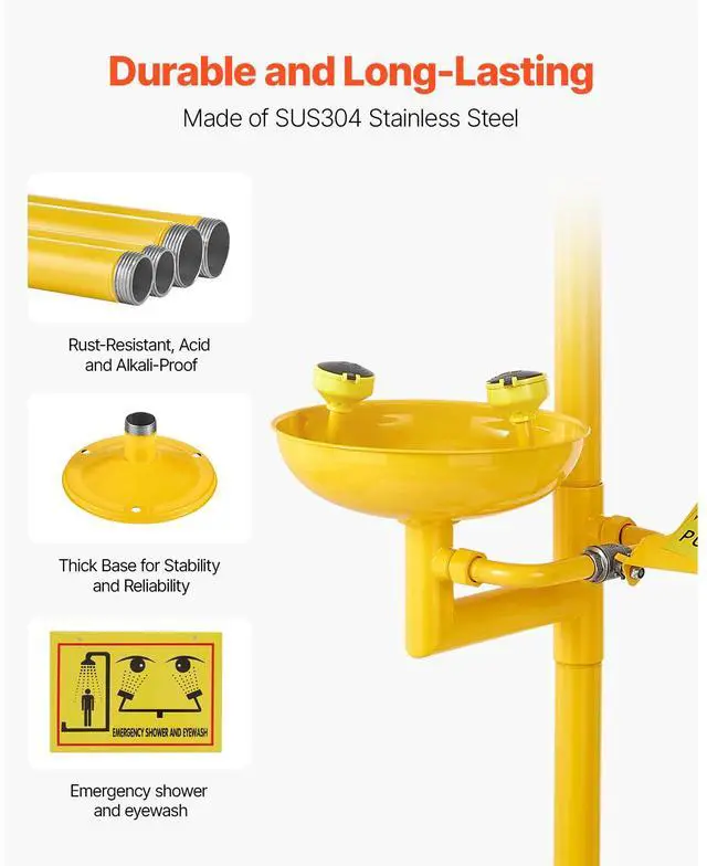 Alt view image 4 of 8 - VEVOR Emergency Shower Eye Wash Station, 34.25 x 15.75 x 91.73 Inch 304 Stainless Steel Eyewash and Shower Combination, OSHA-Approved First Aid Eye Wash Station, for Schools, Labs, Factories, Yellow