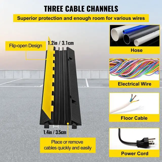 3 Channel Rubber Cable Protector Ramp 1.2 x 1.2 Inch Channel Heavy Duty ...