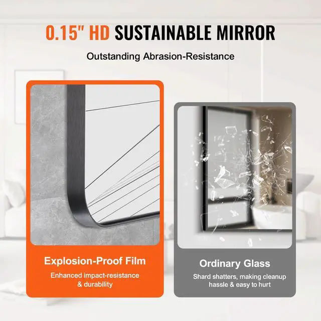 Alt view image 4 of 8 - VEVOR Wall Mounted Makeup Mirror, 0.15" Thick, 24" x 36" Mirror with Aluminium Alloy Frame & Explosion-Proof Film, Scratch-Resistant Mirror with Z-Shaped Bracket, Fit for Bathroom/Bedroom/Living Room
