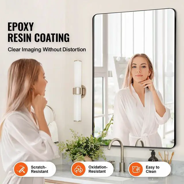Alt view image 3 of 8 - VEVOR Wall Mounted Makeup Mirror, 0.15" Thick, 24" x 36" Mirror with Aluminium Alloy Frame & Explosion-Proof Film, Scratch-Resistant Mirror with Z-Shaped Bracket, Fit for Bathroom/Bedroom/Living Room