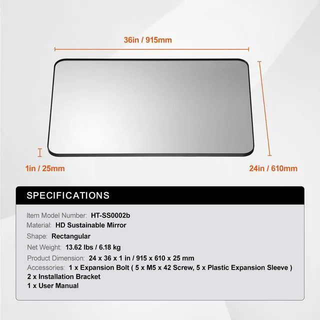 Alt view image 8 of 8 - VEVOR Wall Mounted Makeup Mirror, 0.15" Thick, 24" x 36" Mirror with Aluminium Alloy Frame & Explosion-Proof Film, Scratch-Resistant Mirror with Z-Shaped Bracket, Fit for Bathroom/Bedroom/Living Room