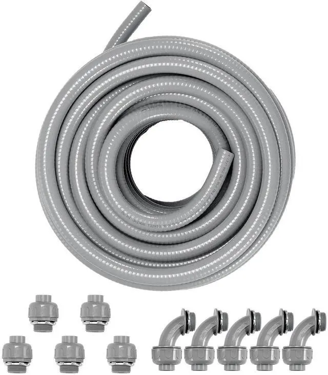 Alt view image 4 of 10 - VEVOR 3/4-Inch Flexible Electrical Conduit, 100 ft, PVC Liquid-Tight Conduit Non-Metallic with 5 Straight and 5 90-Degree Conduit Connector Fittings, for Air Conditioning Motor Controller Pump, IP65