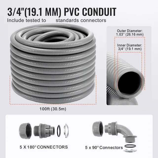 Alt view image 7 of 10 - VEVOR 3/4-Inch Flexible Electrical Conduit, 100 ft, PVC Liquid-Tight Conduit Non-Metallic with 5 Straight and 5 90-Degree Conduit Connector Fittings, for Air Conditioning Motor Controller Pump, IP65