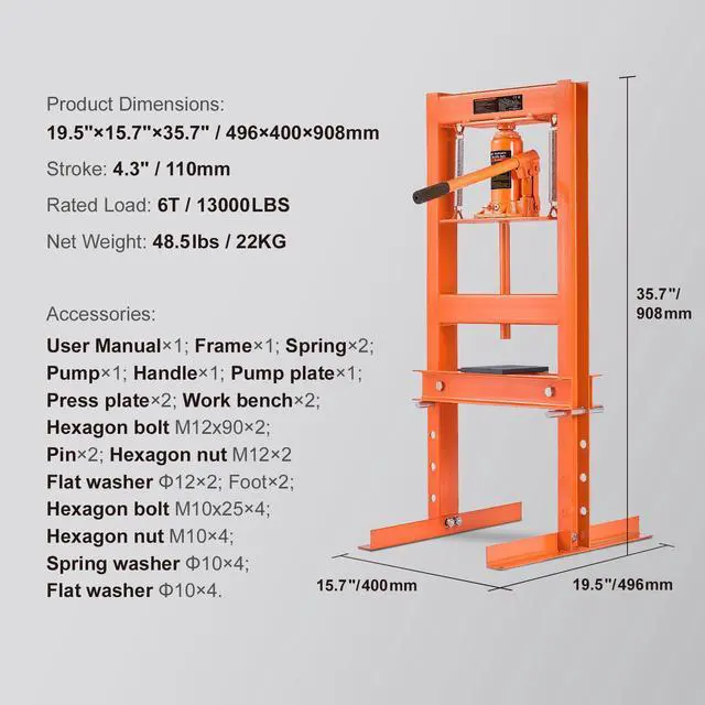 Alt view image 15 of 15 - VEVOR Hydraulic Shop Press, 6 Ton H-Frame Hydraulic Garage/Shop Floor Press, Adjustable Shop Press with Press Plates, Heavy Duty Hydraulic Press for Garage, Shop, Workshop