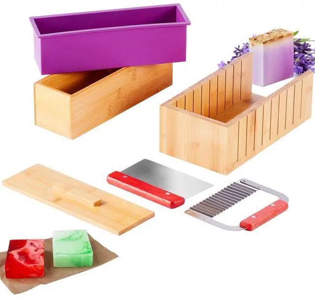 Alt view image 8 of 14 - VEVOR Soap Making Kit, Bamboo Cutting Box and Inner Box with Silicone Mold, Stainless Steel Straight Cutter and Wavy Cutter, 100 Bags and 105 Stickers, Soap Making Supplies DIY Kits for Adults